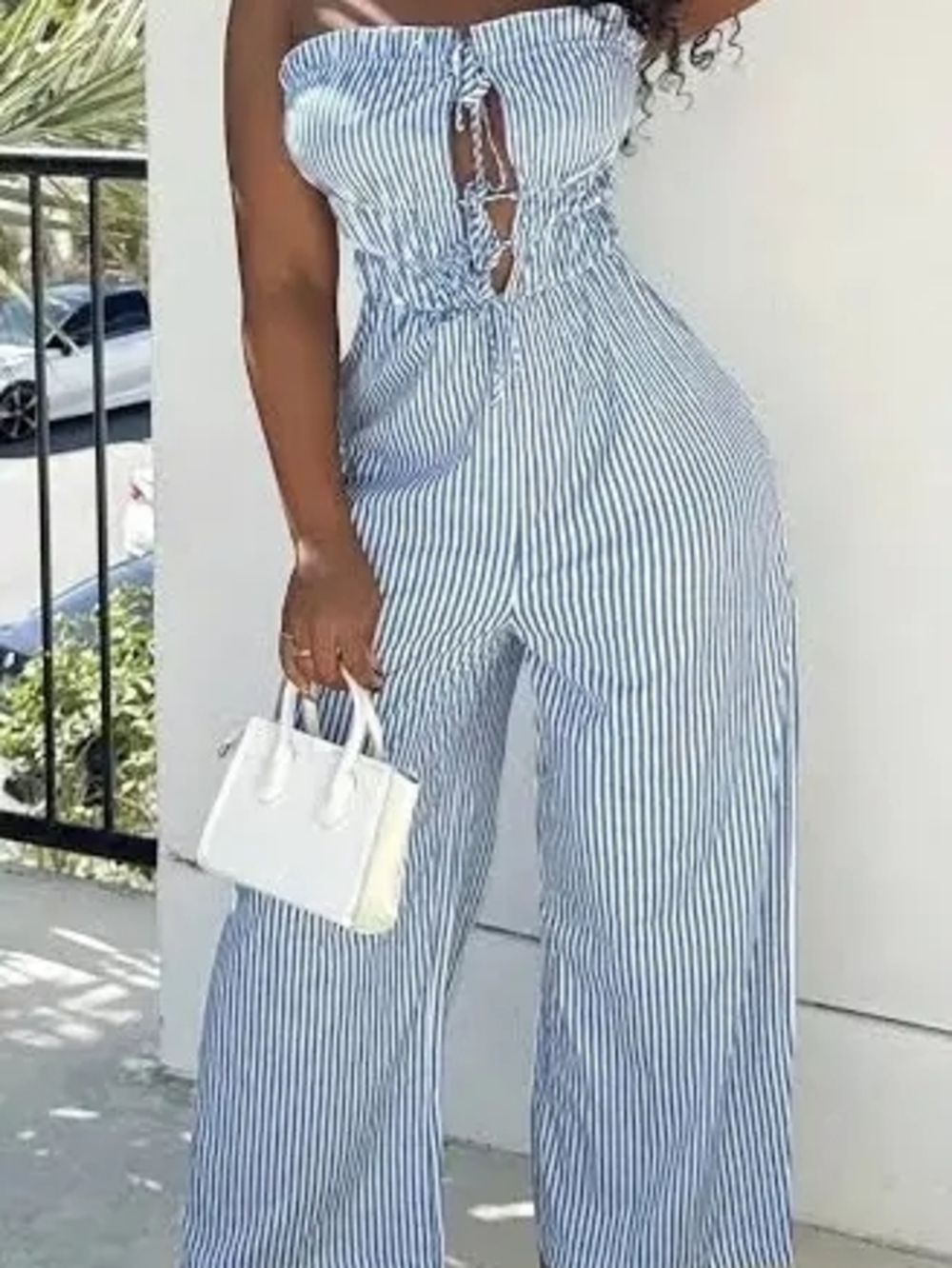 SHEIN Blue & White Striped Strapless Wide-Leg Jumpsuit